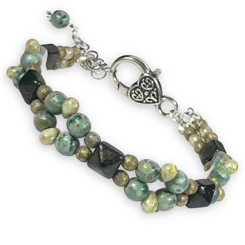 CariCat Designs Handmade Bohemian Black Stud with Turquoise/Jade Czech Glass Beaded Bracelet - Extension Chain with Accent Beading and Large Decorative Clasp