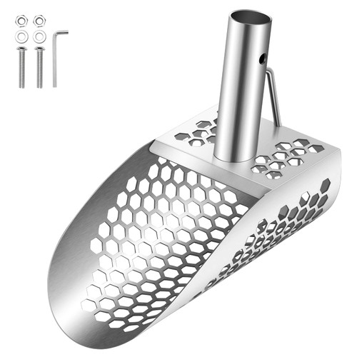 ZZZZS Beach Sand Scoop with Handle, Metal Detecting Tool,Beach Underwater Treasure Hunting, Stainless Steel Water Metal Detecting Tool Digging Shovel Fast Sifting Metal Detector,Single Stiffeners