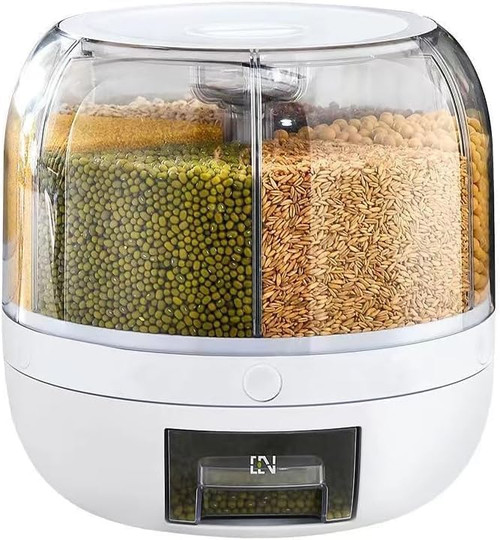Vivrhintty 22lb Rice and Grain Dispenser, Rotating Food Storage Container, 6-Compartment Dry Food Dispenser with Lid for Small Grains, Beans, Rice