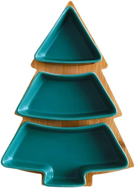 Green Christmas Tree Plates Chip & Dip Set, 11 Inches Ceramic Snack Plate with Bamboo Tray, Removable Porcelain Christmas Tree Appetizer Dessert Fruit Salad Saucers Bowl Cutlery Platter Serving Dish