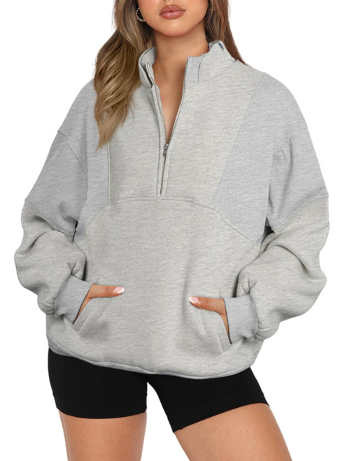 BLENCOT Half Zip Oversized Sweatshirts For Women Long Sleeve Fleece Trendy Cropped Pullover Workout Warm Tops With Pockets L Gray