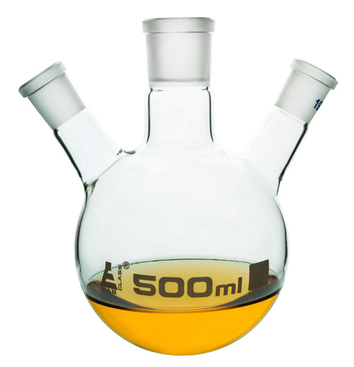 Distilling Flask, 500ml - 3 Angled Necks, 24/29 Center, 19/26 Side Sockets - Interchangeable Ground Joints - Round Bottom - Borosilicate Glass - Eisco Labs