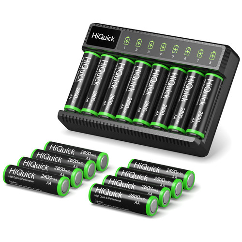 HiQuick Rechargeable AA Batteries with Charger, 8 Bay Smart Battery Charger for AA/AAA Ni-MH/NiCD Rechargeable Batteries with 1.2V Ni-MH Low Self Discharge & Pre-Charged 2800Mah AA Batteries(16 Pack)