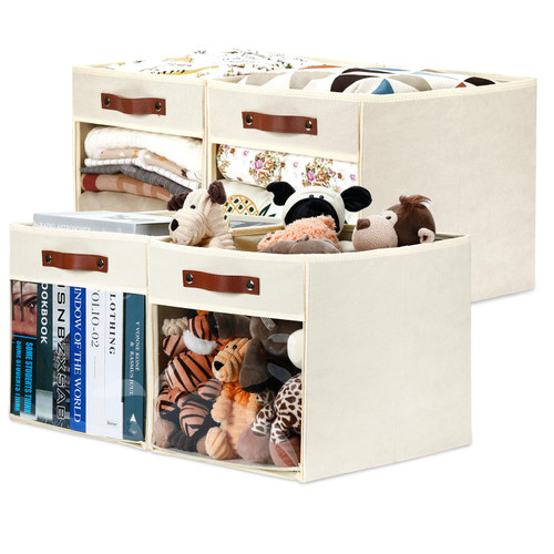 HNZIGE Fabirc Storage Cubes Bin 13x15x13 Clear Storage Cube, 4 Pack Foldable Cloth Cubby Storage Bins for Cube Organizer Closet Cabinet, Large Fabric Storage Bins for Shelves Organizer Bins- Cream