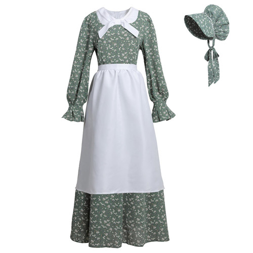 NSPSTT Women's Colonial 1800s Prairie Pioneer Costumes Dress, Green, Small