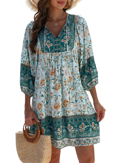 Qearal Women's Boho Dress Summer Mini 3/4 Sleeve V Neck Loose Casual Beach Dress Blue XL