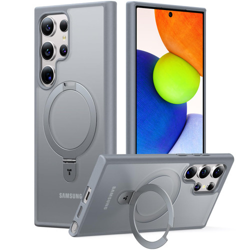 TORRAS Magnetic Ostand Ring Holder Case with Kickstand Fit for Samsung Galaxy S24 Ultra Case [Compatible with MagSafe&Wireless Charging][Military Grade Drop Tested] Translucent Back Soft Edge,Gray