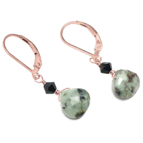 Turquoise Jasper 9x9mm Briolette Rose Gold-Filled Lever Back Earrings Crystal