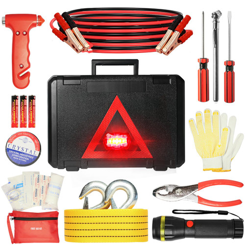 CAWWRT Car Emergency Kit, Roadside Emergency Car Kit with Warning Light Reflective Triangle, Jumper Cable, Tow Strap, Flashlight, First Aid Kit, Tire Pressure Gauge, Safety Hammer Car Tool Kit