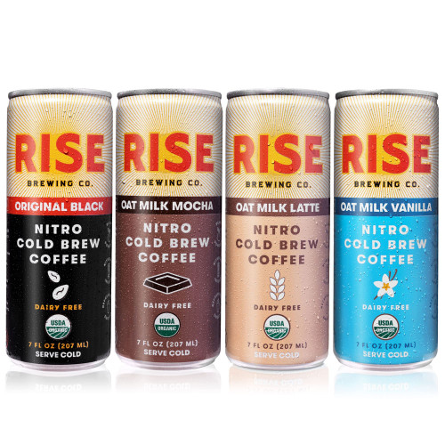 RISE Brewing Co. Nitro Cold Brew Coffee, Organic, Non-GMO, Clean Energy & Low Acidity, 3x Original Black, Oat Milk Latte, Oat Milk Mocha & Oat Milk Vanilla, 7 fl. oz. Cans (12 pack) RISE Brewing Co. Nitro Cold Brew Coffee, Organic, Non-GMO, Clean Energy & Low Acidity, 3x Original Black, Oat Milk Latte, Oat Milk Mocha & Oat Milk Vanilla, 7 fl. oz. Cans (12 pack)