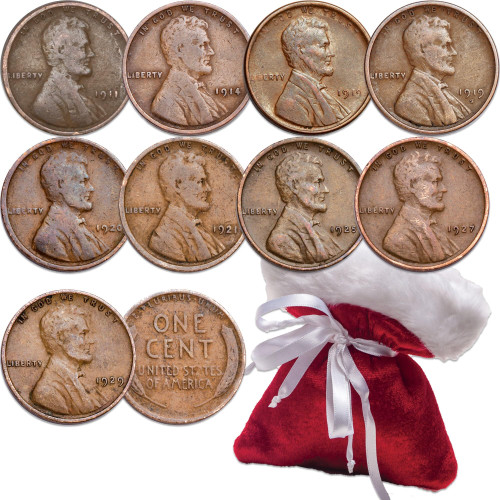 1909-1929 Lincoln Head Cent 9-Coin Set in Christmas Bag with Folder