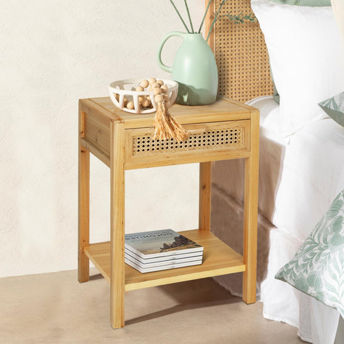 Polar Aurora Rattan Nightstand, Bedside Table with Rattan Decor Drawer and Open Shelf, Bed Side Table with Solid Wood Legs,Wooden End Table for Bedroom, Living Room