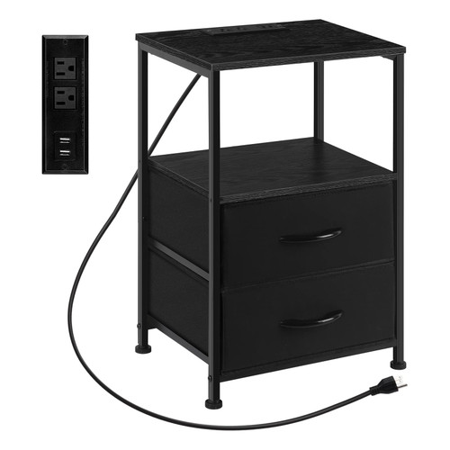 Vrisa Black Nightstand with Charging Station Narrow End Table with Fabric Drawer Morden Small Bedside Table with USB Port and AC Outlet for Small Spaces Bedroom Living Room
