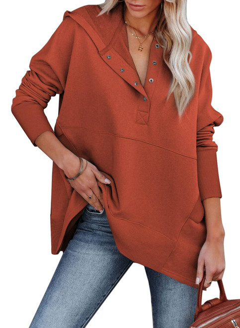 AlvaQ Women Casual Henley Hoodie Pullover Oversize V Neck Long Sleeve Button Down Sweatshirt with Pocket Plus Size Orange 2X