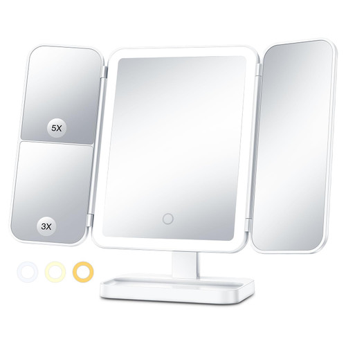 Axyra Makeup Mirror with 78 LED Lights, Rechargeable Tri-Fold Lighted Vanity Mirror, 3 Dimmable Color Lighting Modes, 1X 3X 5X Magnification, Touch Control, Lighted Makeup Mirror, Gift for Women