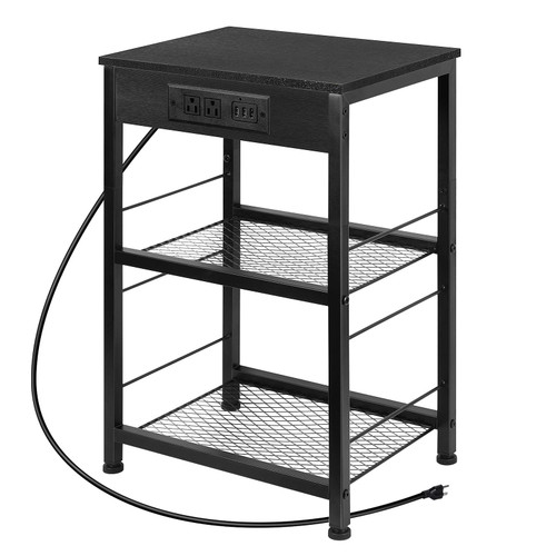 Black Nightstand with Charging Station and USB Ports Industrial End Table with Metal Storage Shelf 3 Tier Bedside Table for Small Spaces, Dorm, Living Room, Bedroom