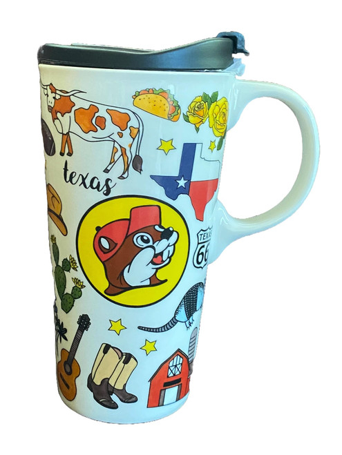 Buc-ee's 17oz ceramic travel mug (17oz, Texas Theme White)