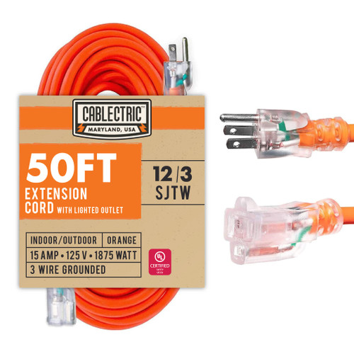 CABLECTRIC 50 Ft Heavy Duty Extension Cord with 3 Prong, 12 Gauge Extension Cord for Outdoor 50ft, Lighted Plug, Orange Weatherproof Outdoor Extension Cord 12/3 SJTW Great for Major Appliances