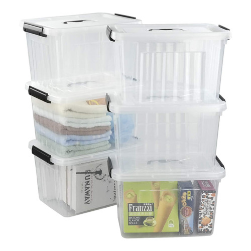 CadineUS 6-Pack Plastic Storage Boxes, 10 L Clear Storage Tote Bin with Lid