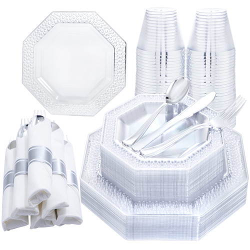 DaYammi 30Guest Silver Plastic Plates with silverware, Silver Disposable Plates Dinnerware Set Include 30 Dinner Plates,30 Dessert Plates,30 Per Rolled Cutlery 30 Cup for Party
