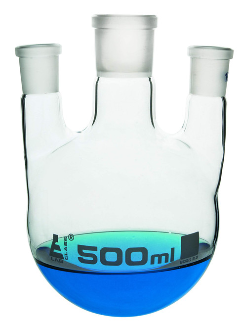 Distilling Flask, 500ml - 3 Parallel Necks, 29/32 Center, 19/26 Side Sockets - Interchangeable Ground Joints - Round Bottom - Borosilicate Glass - Eisco Labs