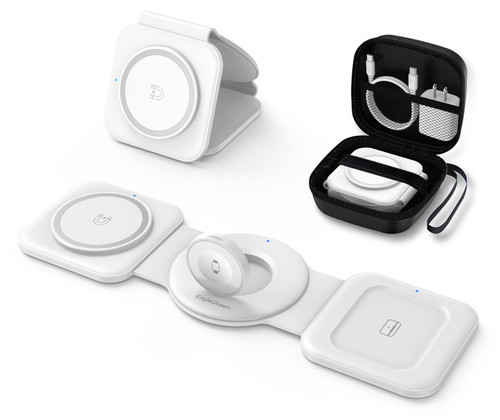 EagleQueen 3 in 1 Foldable Wireless Charger, Travel Charger for Multiple Devices, Fast Magnetic Wireless Charging Station Compatible with AirPods, iWatch and iPhone 15/14/13/12 Series (White)