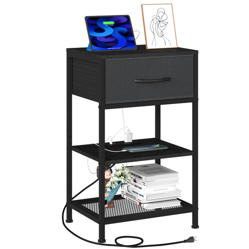 End Table with Charging Station, Black Nightstand with Fabric Storage Drawer, Small End Tables with Storage, 3-Tier Bed Side Table with Drawers, Night Stand for Bedroom Living Room, Modern