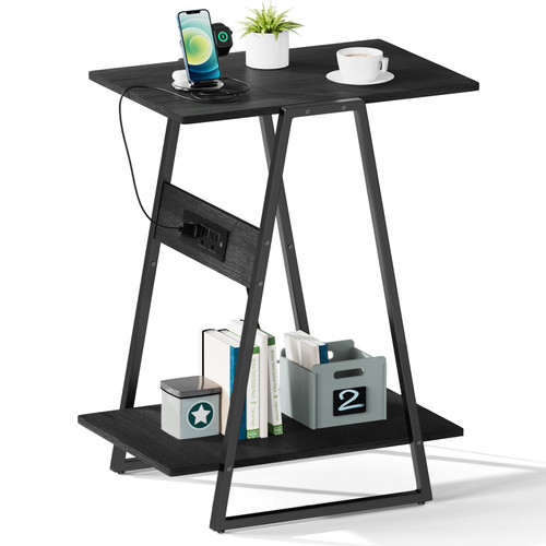 Gannyfer Side Table with Charging Station and USB Ports, 2 Tier Slim End Tables with Storage Shelf, Tall Nightstand for Small Space,Living Room, Bedroom, Black