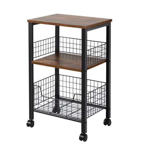Hadulcet End Table, 3-Tier Side Table with Storage Basket, Industrial Style Side End Table for Living Room Bedroom Kitchen Bathroom Wooden Shelf Steel Frame Rustic Brown