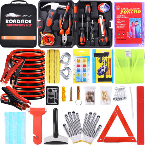HAIPHAIK Car Roadside Assistance Emergency Kit- Car Jumper Cables Kit Emergency Roadside Kit for Car,Handheld Toolkit,Safety Hammer, Tow Rope,Warning Triangles