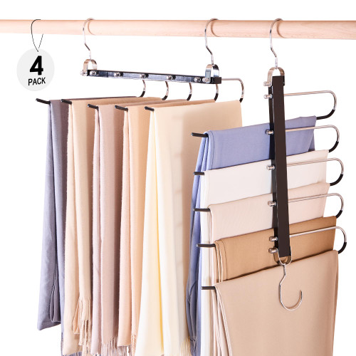 HOUSE DAY Pants Hangers Space Saving, Wood Jean Hangers for Closet, Non Slip Multi Functional Pants Rack Hanger Multiuse Pant Organizer for Closet Space Saving Hangers for Pants (4PACK, Black)