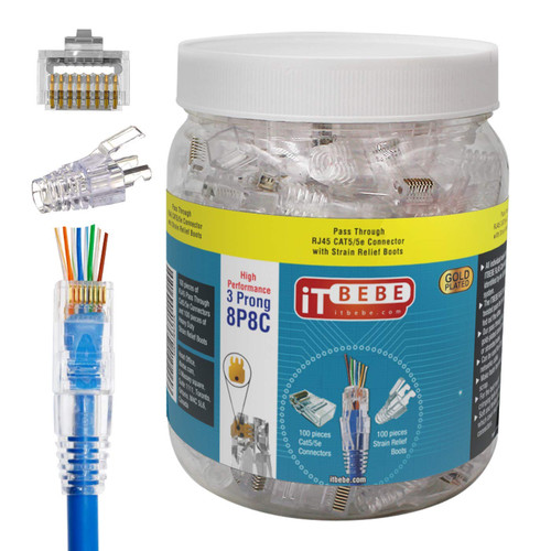 ITBEBE 100/100 RJ45 Cat5 Cat5e Pass Through Connectors for 24 AWG Cables - 100 Cat5e Passthrough Connector Ends and 100 RJ45 Connectors Clear Strain Relief for Clean, snag-Free Ethernet Patch Cord