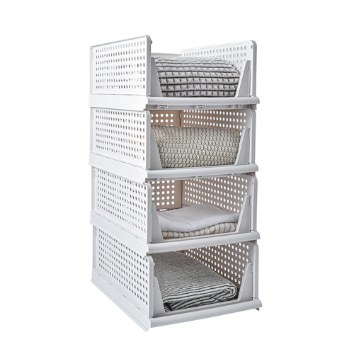 NEALYSEA Stackable Plastic Storage Basket, Folding Closet Organizers, Collapsible Storage Bins for Closet Camper, Drawer Organizers for Clothing Toys and Snack, 4-Pack (White)
