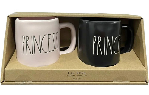 Rae Dunn Prince and Princess Mug Set Pink and Black Mugs, Ceramic 16 oz