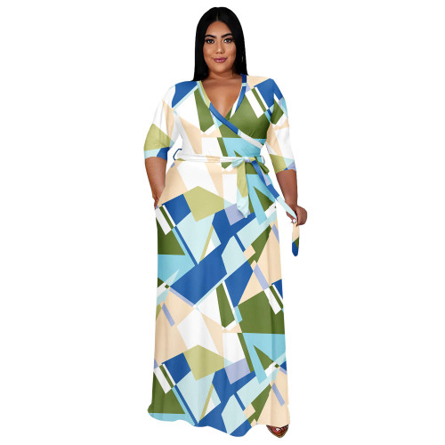 Runwind Plus Size Dress for Women 3/4 Sleeve V Neck Maxi Dresses for Women Geometry Blue Size 2XL Runwind Plus Size Dress for Women 3/4 Sleeve V Neck Maxi Dresses for Women Geometry Blue Size 2XL