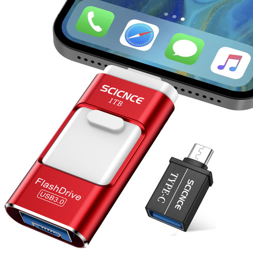SCICNCE 1TB Photo Stick for iPhone Flash Drive, USB Memory Stick Thumb Drive External Storage Compatible with iPhone iPad Android Computer (Red)