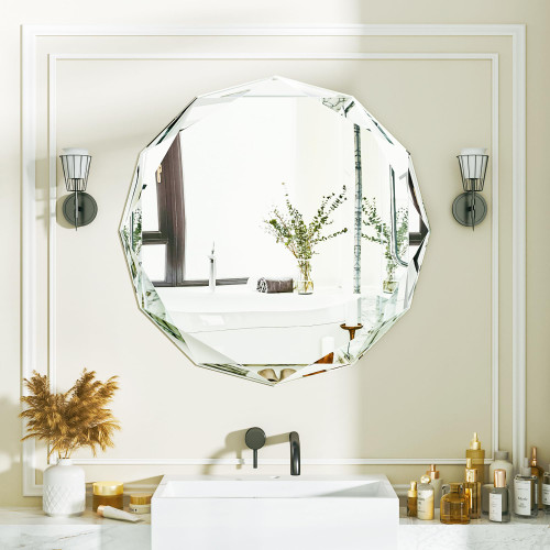 Suidia Beveled Edge Mirror 20" Round Wall Mirror, Frameless Bathroom Mirror with Diamond Edge Irregular Beveled Edge Mirror, Vanity Mirror for Bedroom, Living Room, Entryway, Hallway