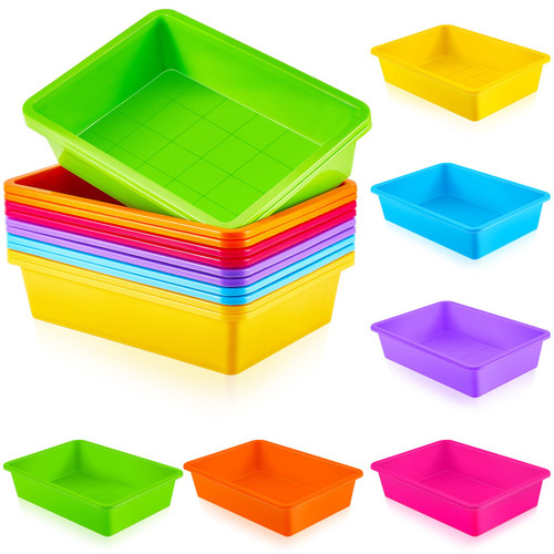 Taiyin 12 Pcs Plastic Flat Storage Tray 6 Colors Classroom Turn in Tray Paper Bins Teacher Classroom Containers Paper Organizer Tray School Office Letter Baskets Art Book Organization File Holder