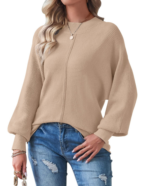 TECREW Womens Long Sleeve Crew Neck Ribbed Knit Solid Color Cozy Pullover Sweater Top, Khaki, Medium