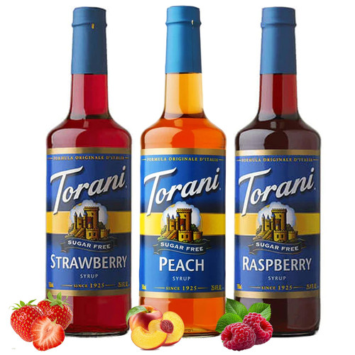 Torani Sugar-Free Syrup Trio - Peach, Strawberry & Raspberry - Coffee & Italian Soda Flavoring for Drinks Three 25.4 Oz Bottles