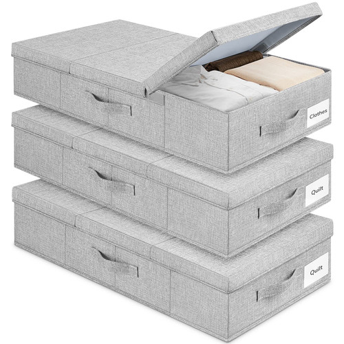 Under Bed Storage With Lids,3 Pack Large Underbed Storage Containers Bin Organizer Box with Handle, Foldable Stackable Sturdy Storage Drawer Bag for Organizing Clothes Blanket Shoe Toy Bedroom (Grey)