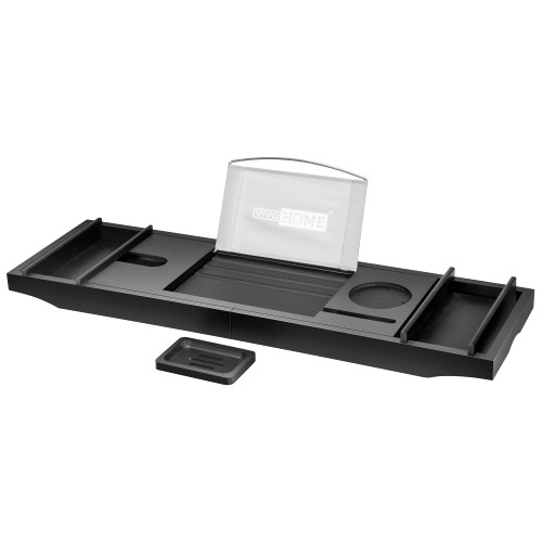 VIVOHOME Expandable 43 Inch Bamboo Bathtub Caddy Tray with Smartphone Tablet Book Holders, Soap Tray, Wine Glass Slot, Black