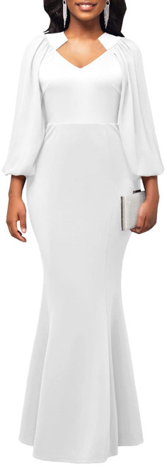 White Elegant V Neck Bodycon Mermaid Maxi Dresses for Women Formal Evening Gown Prom Lantern Sleeve Wedding Long Cocktail Party Dress White Elegant V Neck Bodycon Mermaid Maxi Dresses for Women Formal Evening Gown Prom Lantern Sleeve Wedding Long Cocktail Party Dress