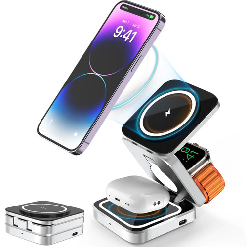 YeeCASE Foldable 3 in 1 Charging Station, Magnetic Wireless Charger, Fast Mag-Safe Charger Stand for iPhone 15 14 13 12 Pro/Max/Plus, for AirPods 3/2/Pro, for iWatch (Adapter Included) (Black)