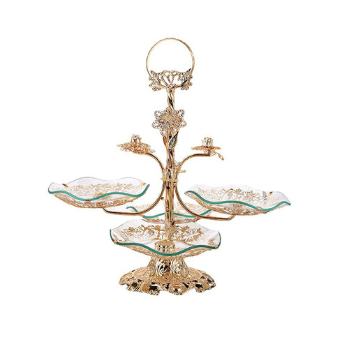 Cake Stands 4 Tier, Gold Fruit Bowl Tray Holder Dessert Stand Cake Plate Serving Platter with Round Glass Plate & Stainless Steel Holder for Wedding Birthday Dessert Cupcake Pedestal Display