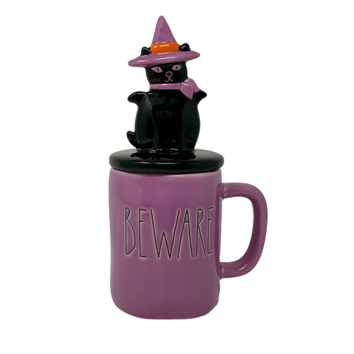 Rae Dunn BEWARE Mug - with black cat topper - Halloween - Ceramic - 16 oz
