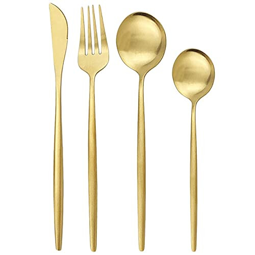 ONUIFIKE Silverware Set, Gold MatteTableware Flatware Cutlery Set Stainless Steel Dinner Set Knife Fork Spoon Dinnerware Set Kitchen, Flatware Cutlery Set (Color : Gold, Size : 16Pcs)