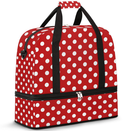 Polka Dot Sports Gym Bag, Red and White Polka Dot Travel Duffel Bag with Shoes Compartment Large Gym Tote Bag Weekend Overnight Bag for Women Men