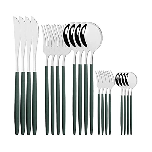 ONUIFIKE Silverware Set, 4Set Mirror Stainless Steel Dinner Black Gold Dinnerware Set Knife Fork Spoon Cutlery Set Kitchen Tableware Silverware Sets (Color : Green Silver)