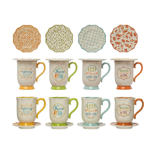 Creative Co-Op Hand-Painted Stoneware Saucer with Saying, Set of 4 Mug Set, 5" L x 4" W x 5" H, Multicolor